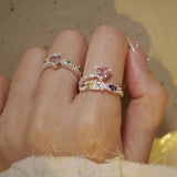 925 Silver Geometric Stone Rings Open Adjustable Couple Ring Gift