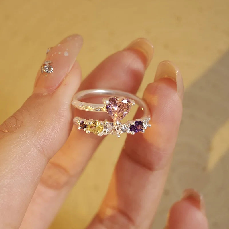 925 Silver Geometric Stone Rings Open Adjustable Couple Ring Gift