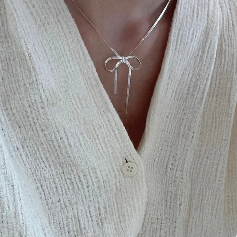 925 Silver Geometric Bow Necklace Women Engagement Jewelry