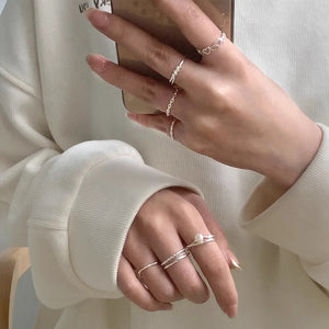 925 Silver Geometric Pearl Rings for Women Adjustable Wedding Party Ring