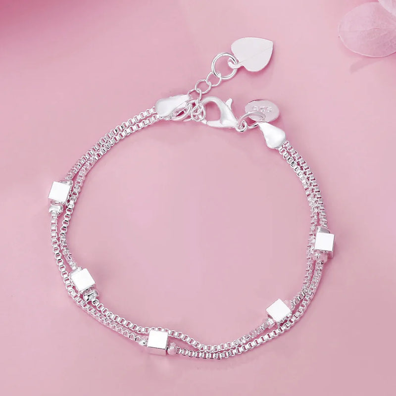 925 Silver Geometric Square Bracelet Box Chain Minimalist Jewelry