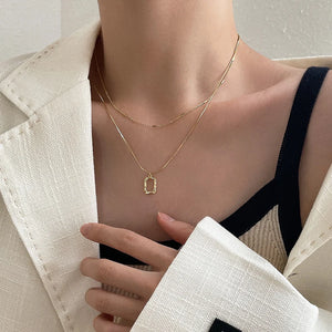 925 Silver Square Pendant Double Layer Necklace