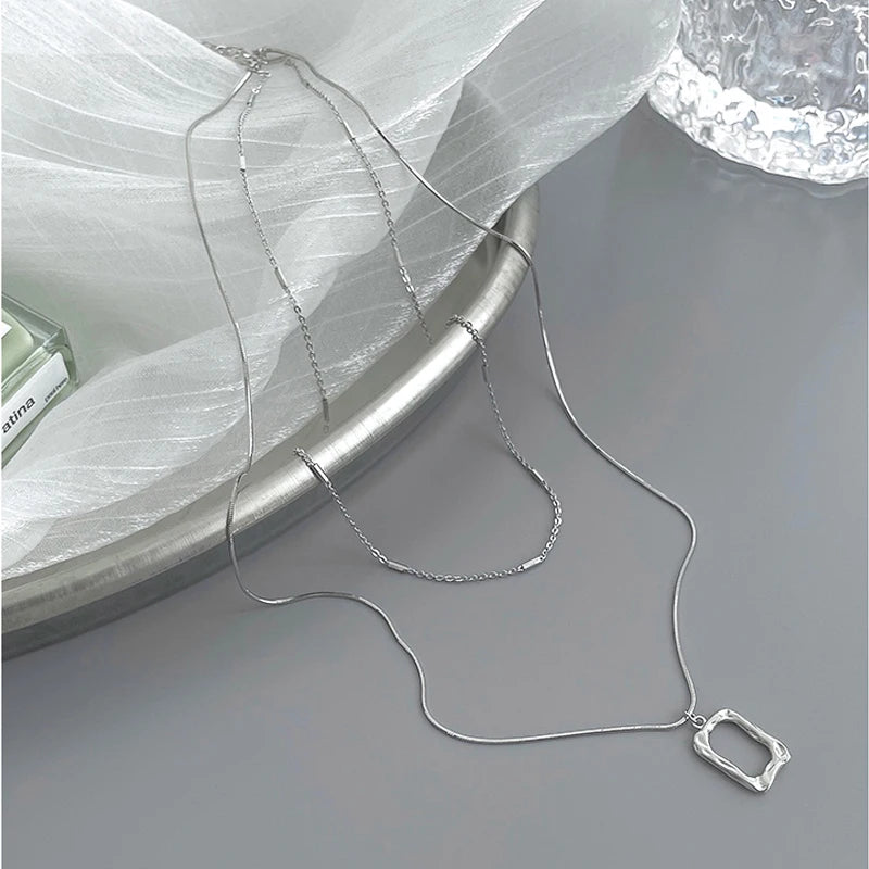 925 Silver Square Pendant Double Layer Necklace