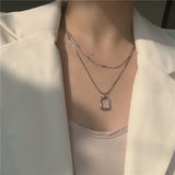 925 Silver Square Pendant Double Layer Necklace