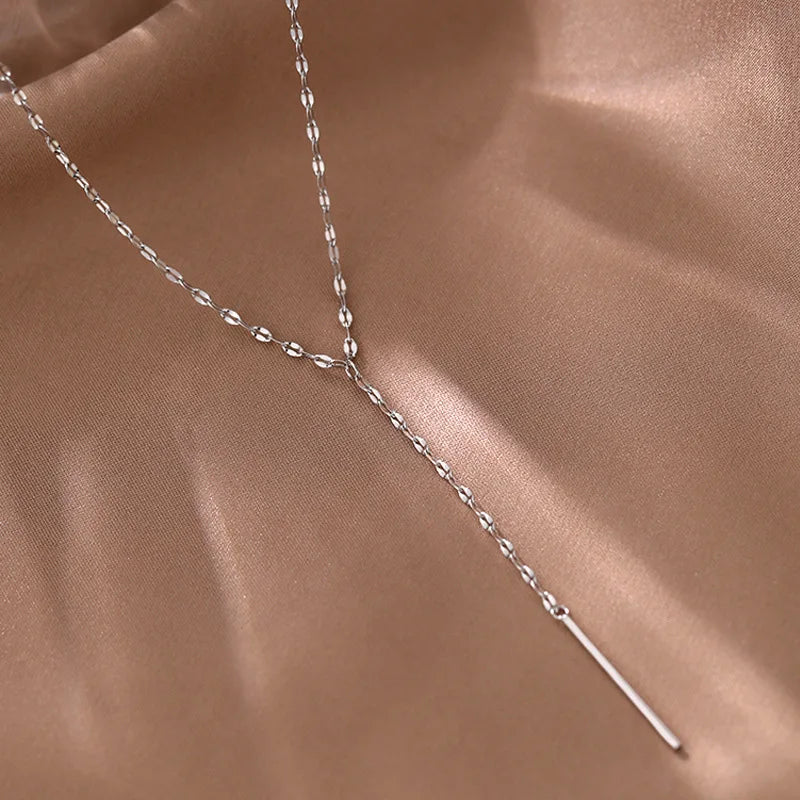 925 Silver Geometric Tassel Necklace Y-Shaped Collar Chain Long Sweater Chain
