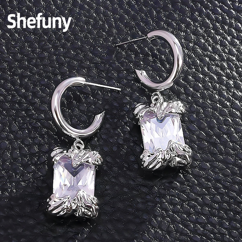 925 Silver Geometric C Shape Stud Earrings Cubic Zirconia Fine Jewelry