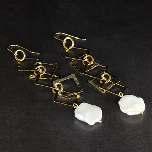 925 Silver Geometrical Dangle Earrings w/ Pearl Drop