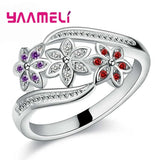 925 Silver Flower Charms Ring with Colorful Cubic Zircon