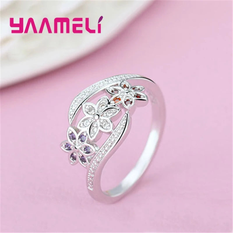 925 Silver Flower Charms Ring with Colorful Cubic Zircon