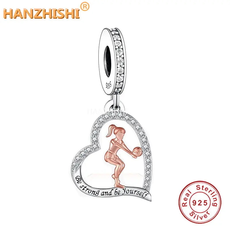 925 Silver Girl Playing Volleyball Heart Pendant Necklace Gift