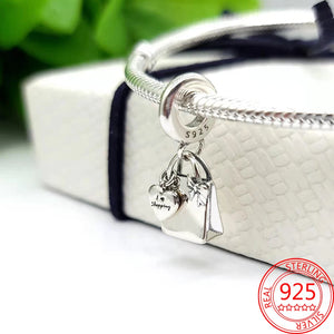 925 Silver Girl Shopping Bag Crown 15th Bday Dangle Charm Fit Bracelets