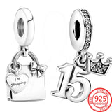 925 Silver Girl Shopping Bag Crown 15th Bday Dangle Charm Fit Bracelets