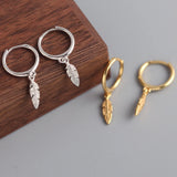 925 Silver Leaves Drop Hoops Earrings Feather Pendant Earring