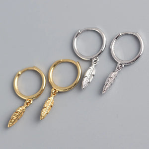 925 Silver Leaves Drop Hoops Earrings Feather Pendant Earring