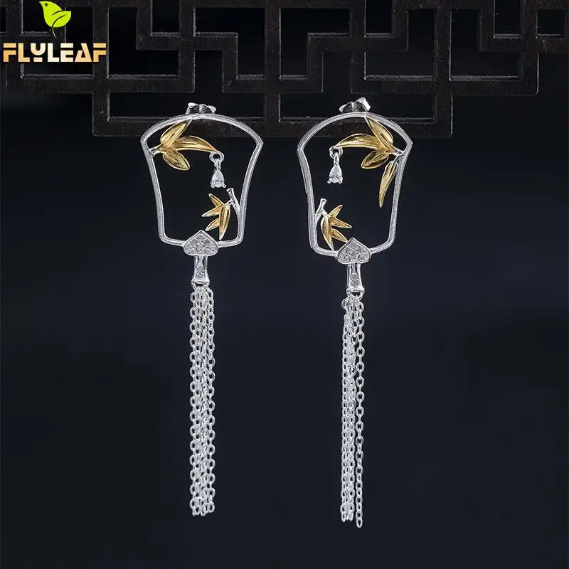 925 Silver Bamboo Tassel Drop Earrings Vintage Jewelry for Women