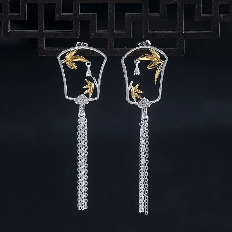925 Silver Bamboo Tassel Drop Earrings Vintage Jewelry for Women