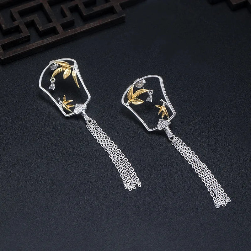 925 Silver Bamboo Tassel Drop Earrings Vintage Jewelry for Women