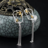 925 Silver Bamboo Tassel Drop Earrings Vintage Jewelry for Women