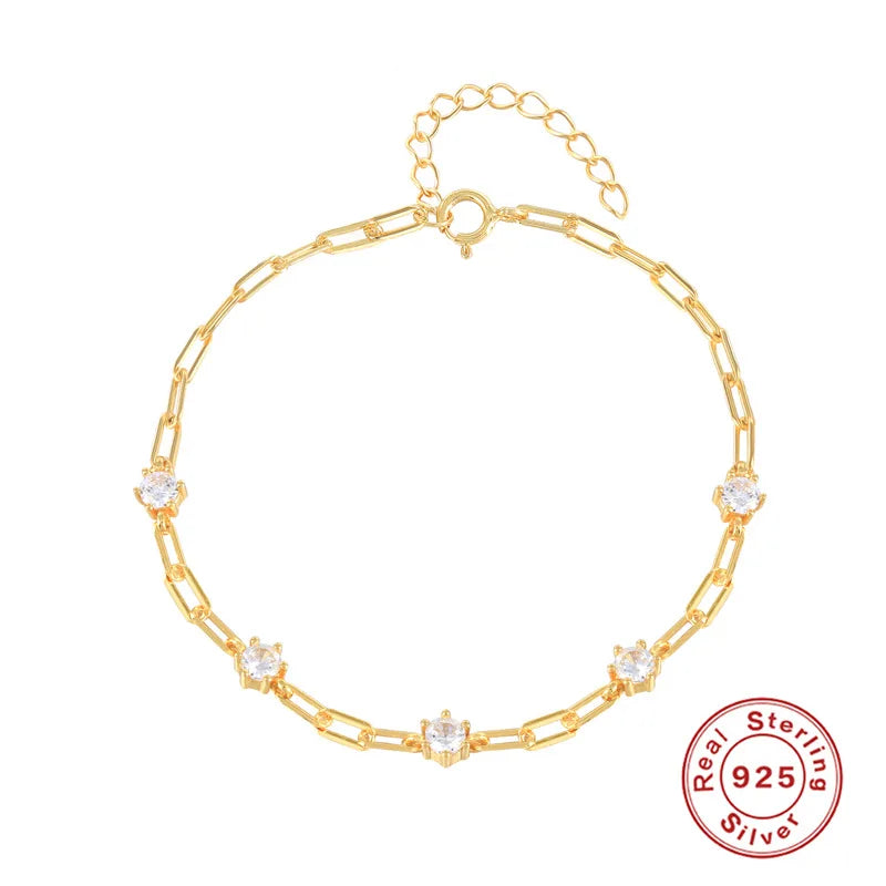 925 Sterling Silver CZ Zircon Chain Bracelet Adjustable Square Rock Punk Bangle