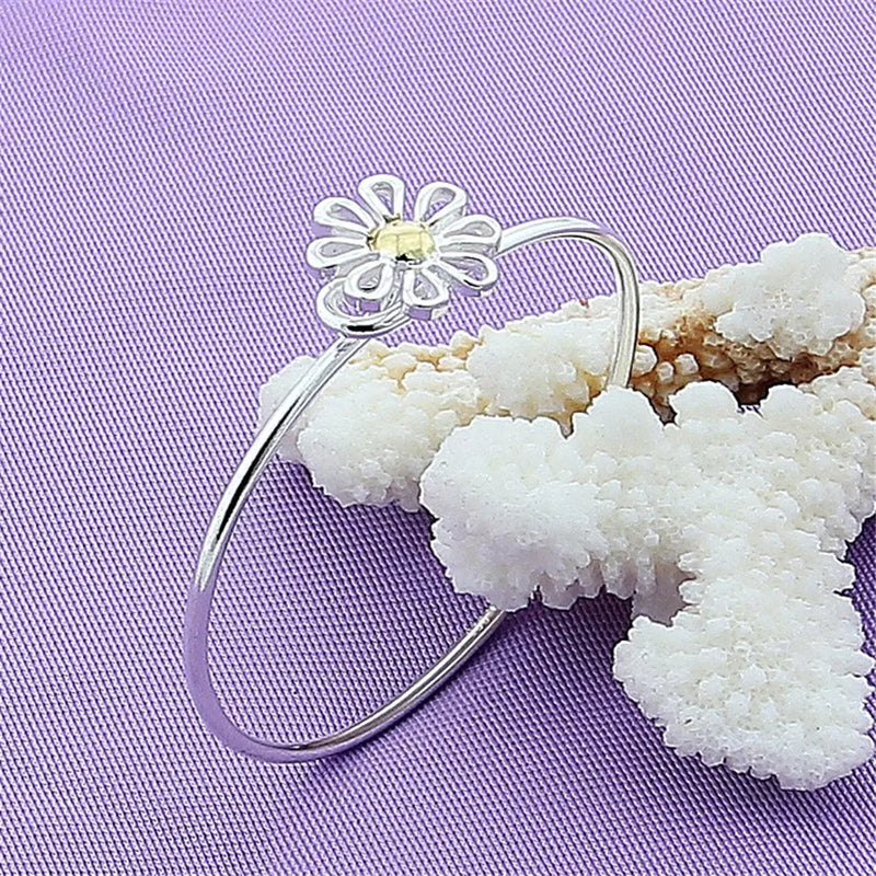 925 Silver Chrysanthemum Flowers Bangle Bracelet for Woman
