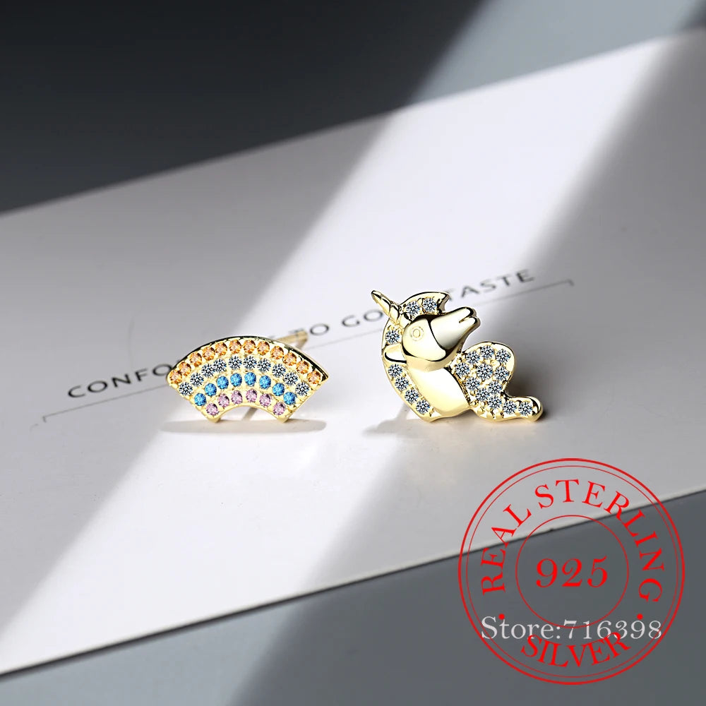 925 Silver Rainbow Unicorn Stud Earrings Asymmetric For Women Kids