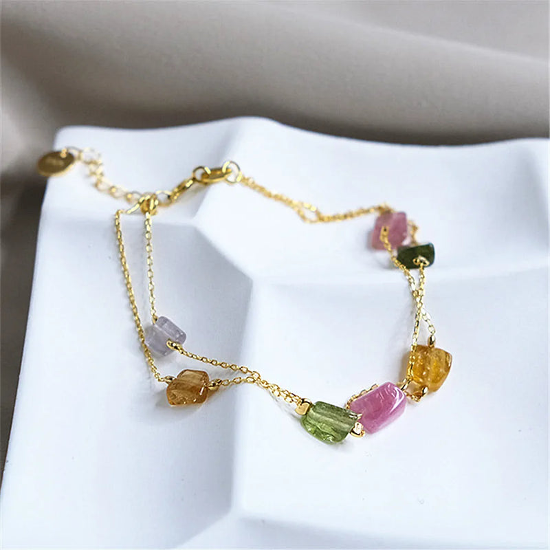 925 Silver Plated Bracelet - Tourmaline Double Chain Gemstone Bracelet