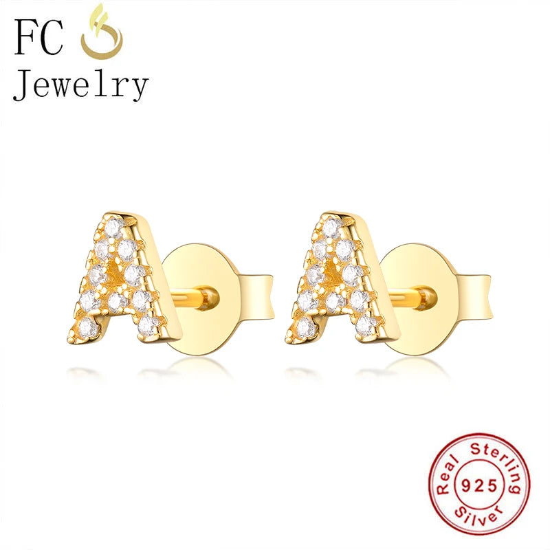 925 Silver A-Z Letter Beads Earrings Women Stud Hypoallergenic Brincos