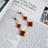 925 Sterling Silver Rhombus Wedding Crimson Ruby Drop Earrings