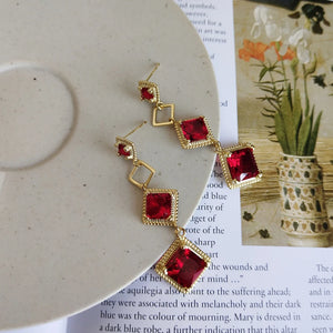 925 Sterling Silver Rhombus Wedding Crimson Ruby Drop Earrings