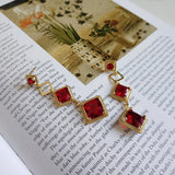 925 Sterling Silver Rhombus Wedding Crimson Ruby Drop Earrings