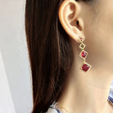 925 Sterling Silver Rhombus Wedding Crimson Ruby Drop Earrings