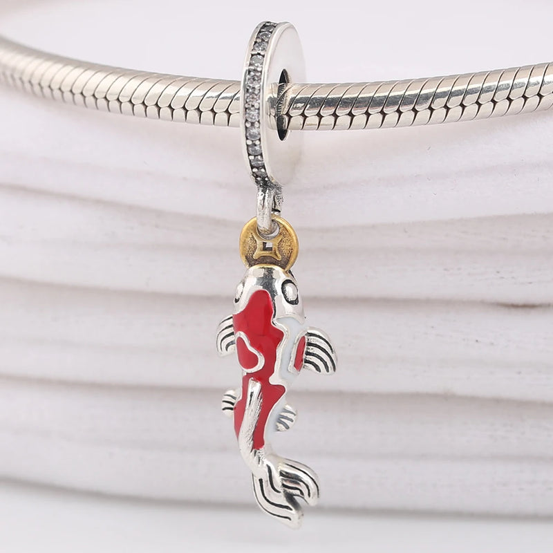 925 Silver Good Fortune Carp Charm CZ Enamel Dangle Bracelet Jewelry