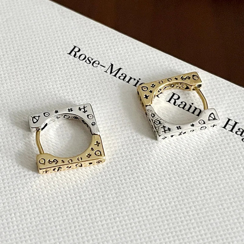 925 Silver Graffiti Square Earrings Retro Old Silver
