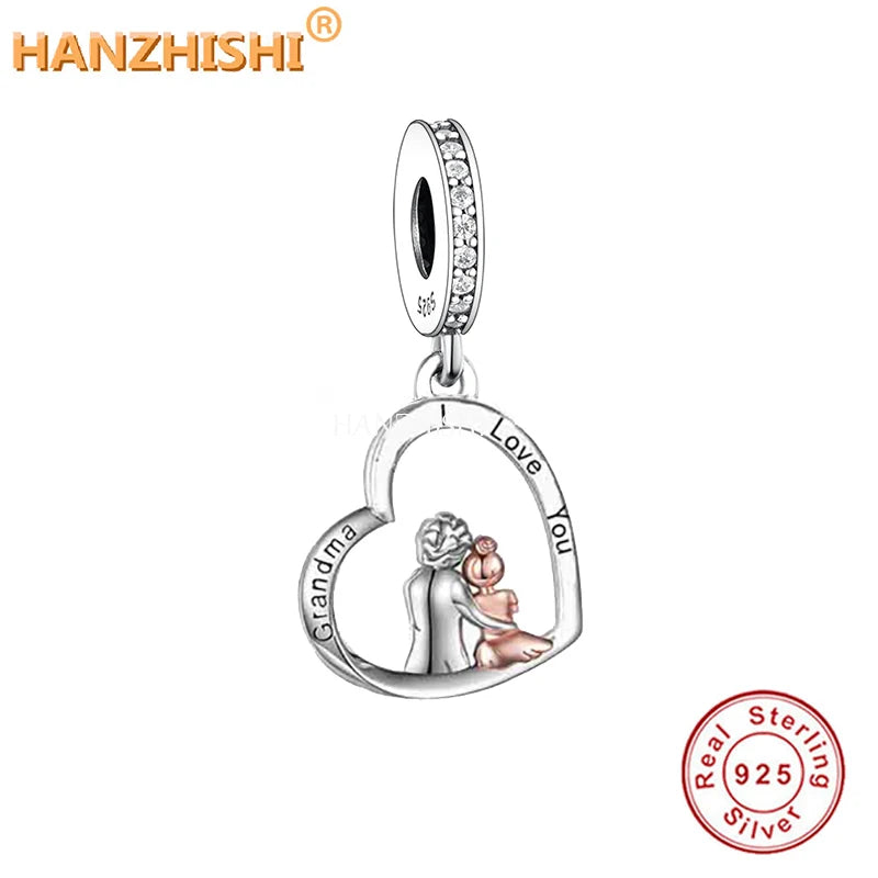 925 Silver Grandma Hugs Granddaughter Heart Dangle Charms Beads