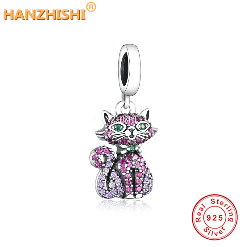 925 Silver Cat Dangle Charms Beads Green Eye Fit Bracelet
