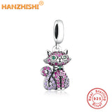 925 Silver Cat Dangle Charms Beads Green Eye Fit Bracelet