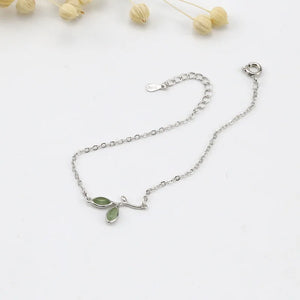 925 Silver Green Leaf Charm Bracelet Link Chain Adjustable Women Jewelry