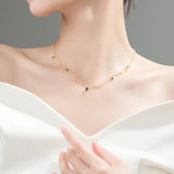 925 Silver Green Zircon Charm Choker Necklace with Tassel Chain