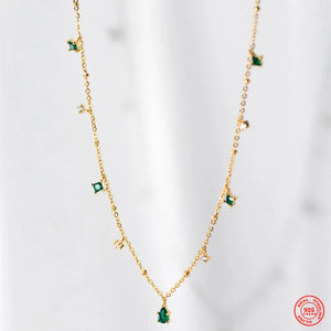 925 Silver Green Zircon Charm Choker Necklace with Tassel Chain