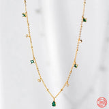 925 Silver Green Zircon Charm Choker Necklace with Tassel Chain