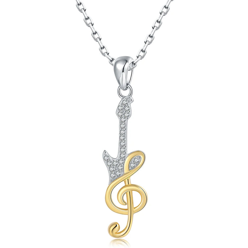 925 Silver Guitar Music Note Necklace Bass Guitar Pendant