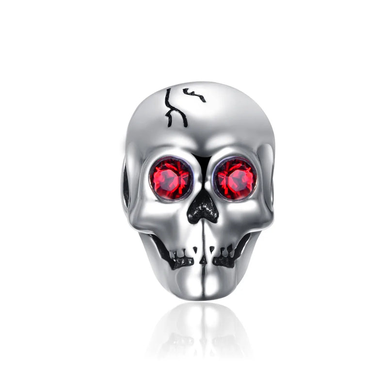Sterling Silver Halloween Red Eye Skull Charm Bead for Bracelet Necklace