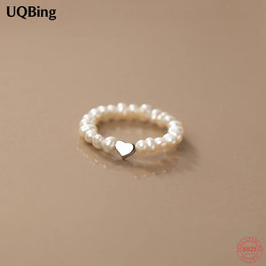 925 Silver Fresh Water Pearl Heart Elastic Ring