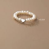 925 Silver Fresh Water Pearl Heart Elastic Ring