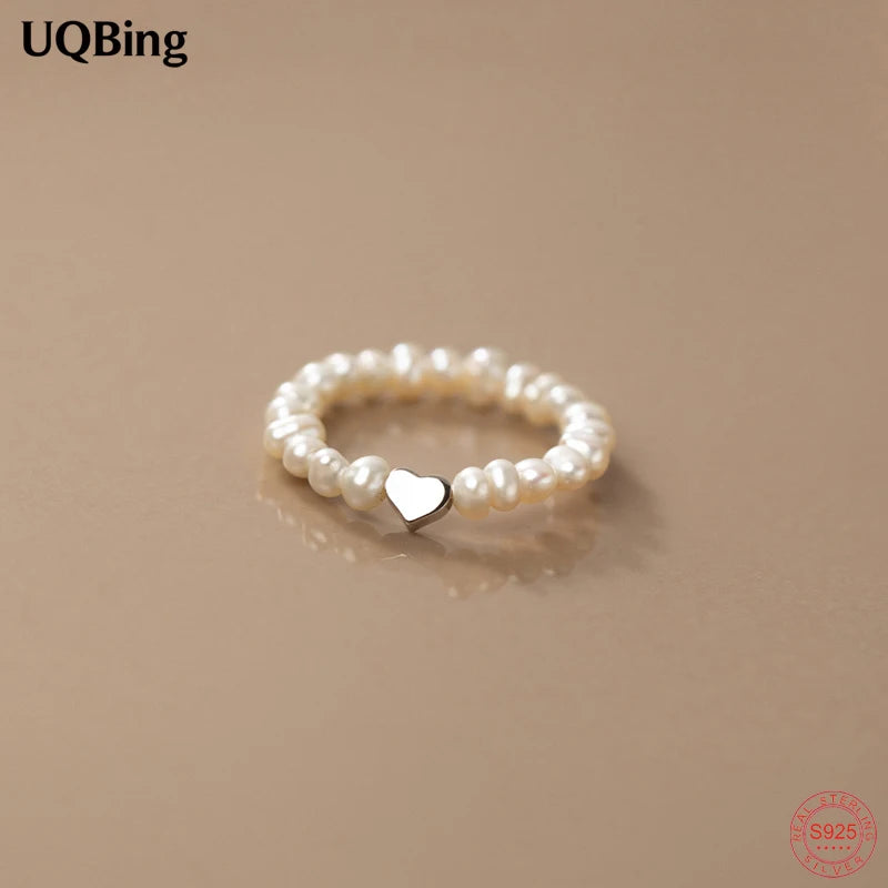 925 Silver Fresh Water Pearl Heart Elastic Ring