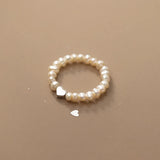 925 Silver Fresh Water Pearl Heart Elastic Ring