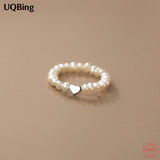 925 Silver Fresh Water Pearl Heart Elastic Ring