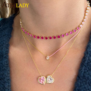 925 Silver Colorful Thread Necklace Heart Tear Drop Square CZ Choker