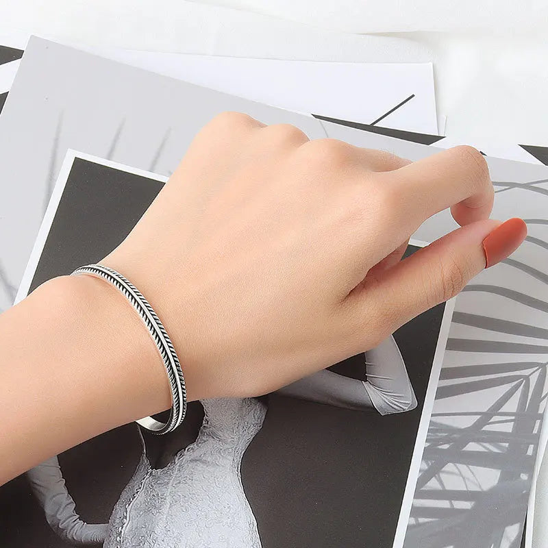 925 Silver Vintage Feather Cuff Charm Bracelet Bangle Women Men Wedding Jewelry