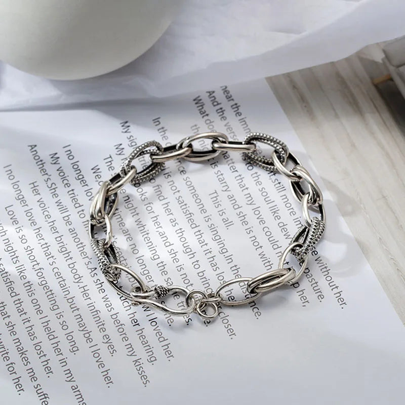 Vintage Thai Silver Thick Chain Bracelet for Men Women Couples